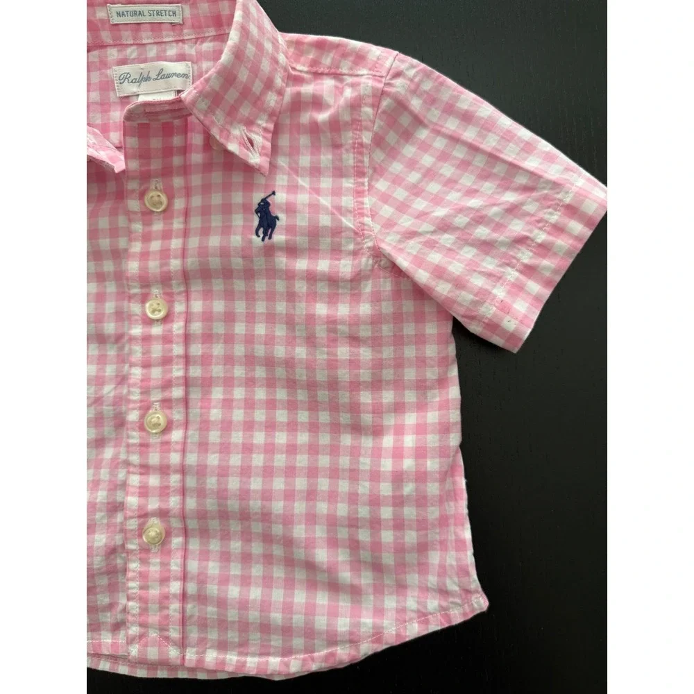 Ralph Lauren Baby Gingham Poplin Shirt Size  3 Months Pink Cotton‎ Button Down
